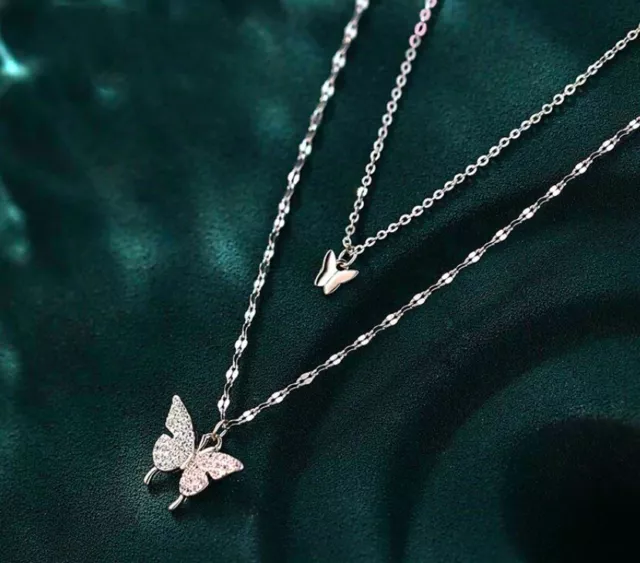 Double Crystal Butterfly 925 Sterling Silver Chain Necklace Christmas Women Gift