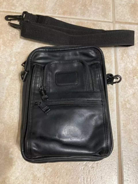 Tumi Alpha Men’s Black Leather Organizer ￼Crossbody Wrist Straps Bag