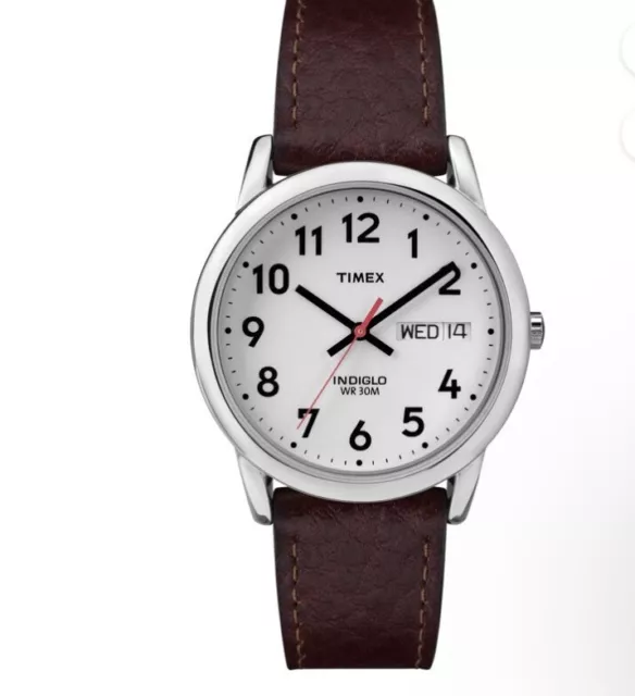 Timex T20041, Men's Easy Reader Brown Leather Watch, Indiglo, Date, 35MM Case