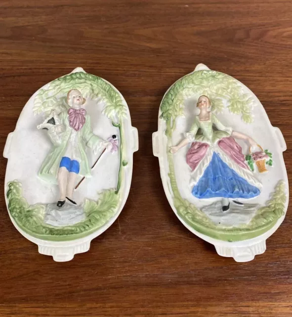 Pair of CHASE Victorian Couple Hand Painted Occupied Japan Ceramic Wall Plaques