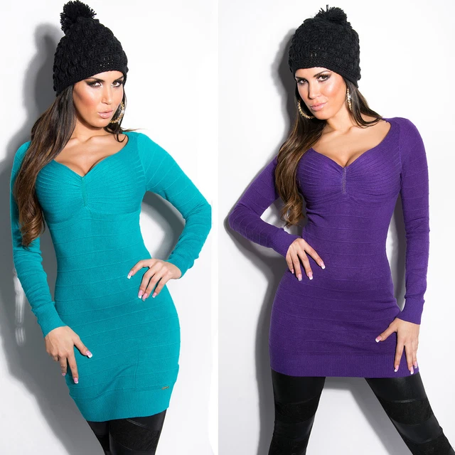 Pullover Donna Scollo a V da Inverno Vestito Corto Maglione Lungo Oversize per