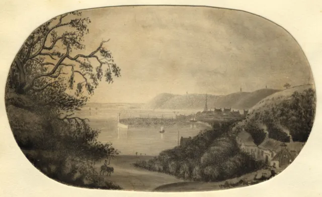 E.P., Coastal Harbour View – mid-19th-century grisaille watercolour painting