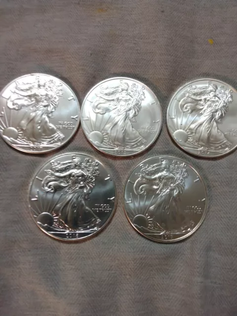 5-BU Silver Eagles 2012-13-14-16-17   1 Troy Ounce each