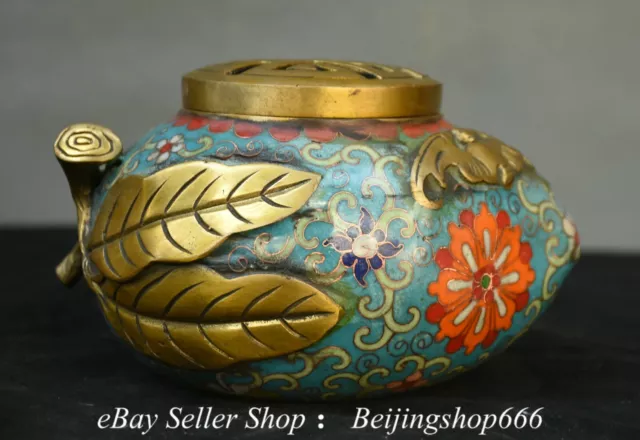 5.6" Marked Old Chinese Bronze Cloisonne Leaf Lid incense burner Censer