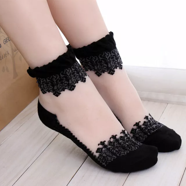 Women Cute Ultrathin Transparent Beautiful Crystal Silk Lace Elastic Short Sock❥