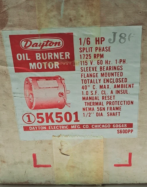 NOS Dayton 5K501 Oil Burner Motor, 1/6 HP, 115 V, 1725 RPM, 1/2" Dia. Shaft