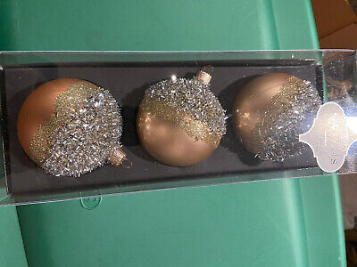 VITBIS Poland 3x Handcrafted Christmas Glass Ornaments Brown Balls Glitter Bead