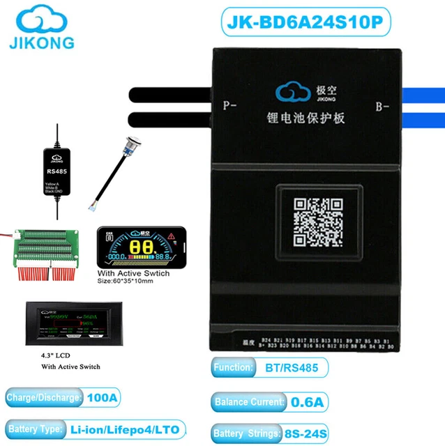 JK Smart BMS 8-24S 100A Li-Ion/LiFePo4 with 0.6A Active Balancer BT/RS485/LCD 。