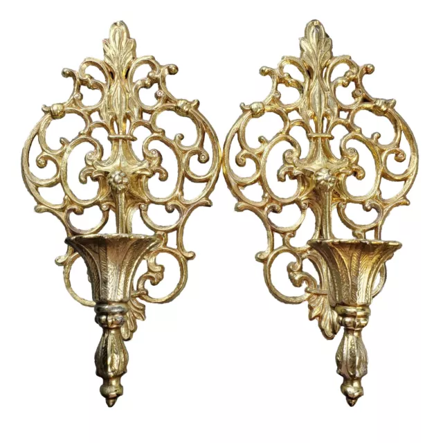 Vintage Wall Sconce Gold Metal Candle Holder Pair Two Adults MCM 11" Collectible
