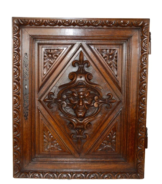 French Antique Gothic Hand Carved Walnut Wood Door Panel Mascaron Renaissance