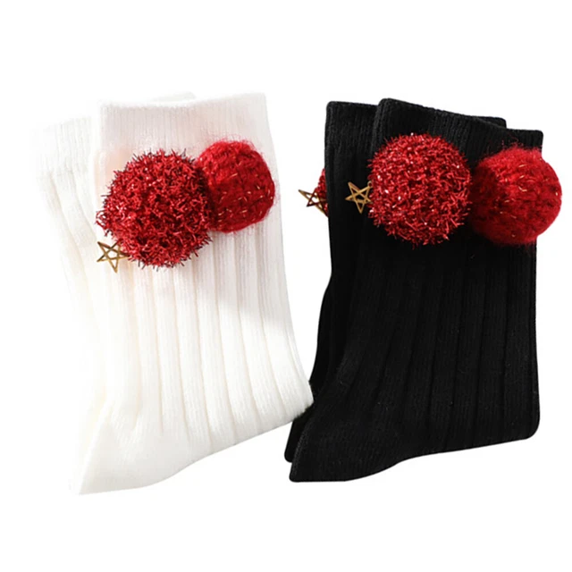2 Pairs Christmas Gift Socks Children's Knitted Socks Kids White Socks Pompom