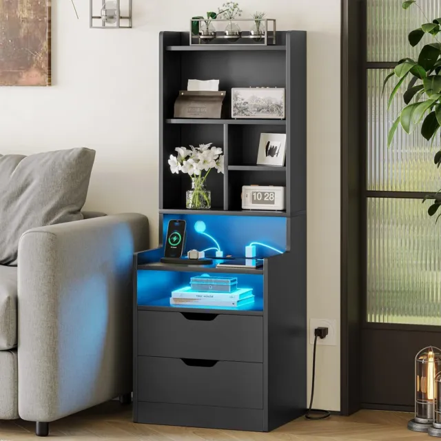 Tall Night Stand with Charging Station and LED Lights Bedside Table with Drawers