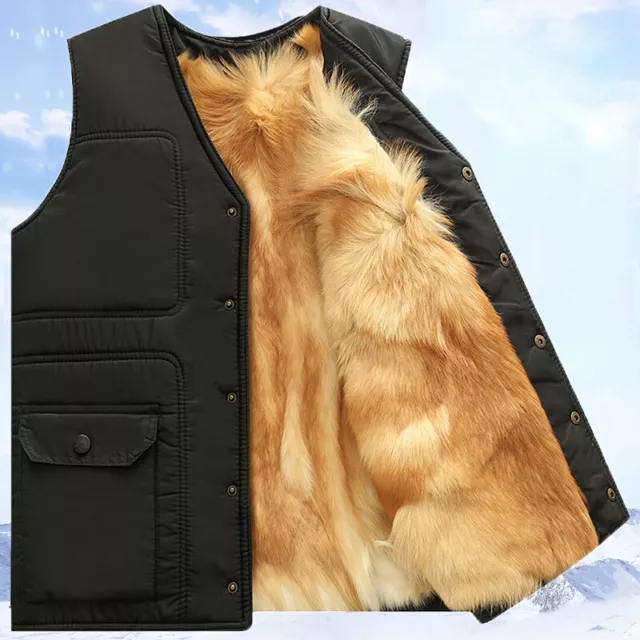 Hommes Gilet Manteau Veste Fausse Fourrure Doublé Multi Poches Chaud Épais Hiver