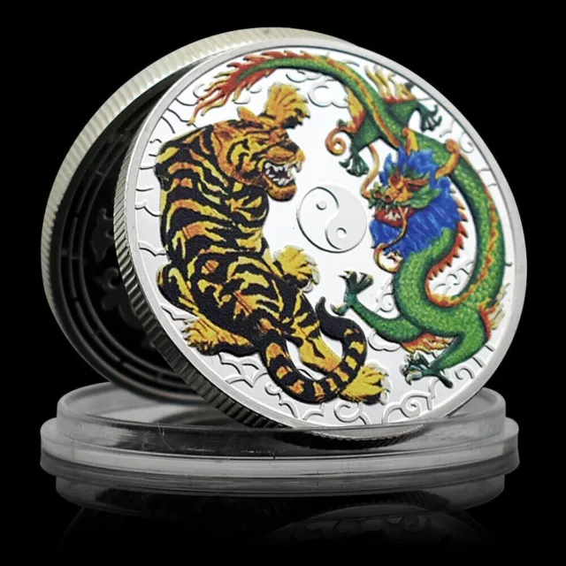 Medaille - Drache & Tiger  - Kolorier - Silber Auflage - Selten