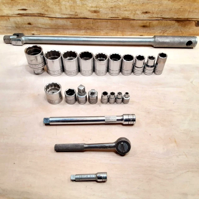 VTG S-K 1/2", 3/8", 1/4" Drive Ratchet, Breaker Bar, Socket Set & Ext. SAE 22 Pc