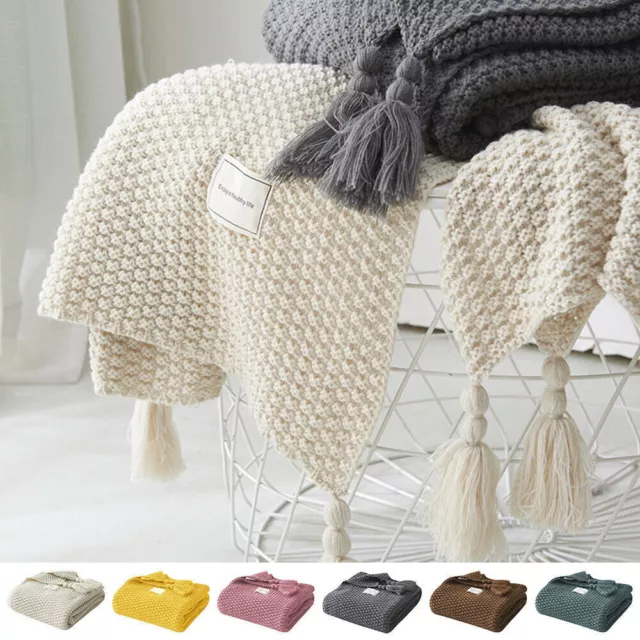 Luxury Knitted Tassel Blanket Sofa Bed Throws Double & King Size Soft Warm Rugs