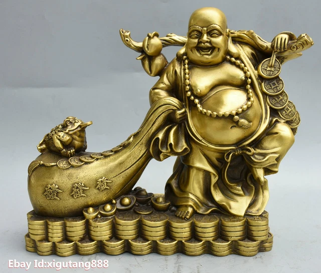 Chinese Pure Copper Brass Wealth Money Bag Happy Laughing Maitreya Buddha Statue