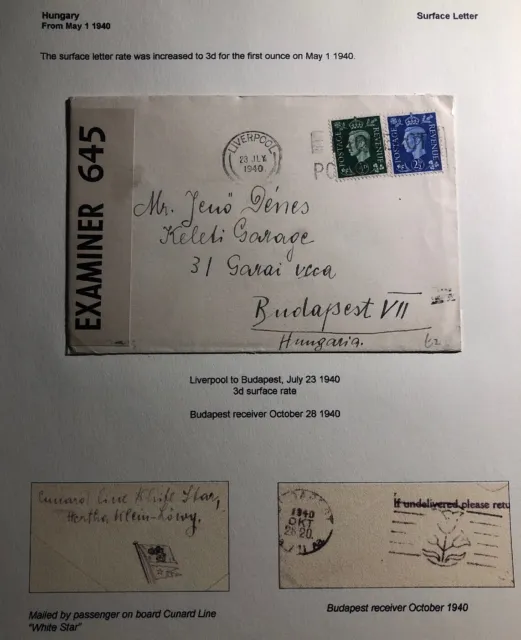 1940 Liverpool England On Board Cunard Line Censored Cover To Budapest Hungary