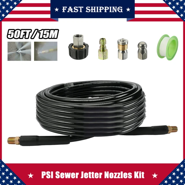 Sewer Jetter Nozzle Kit 1/4" NPT 50FT Drain Cleaning Hose For Pressure Washer US