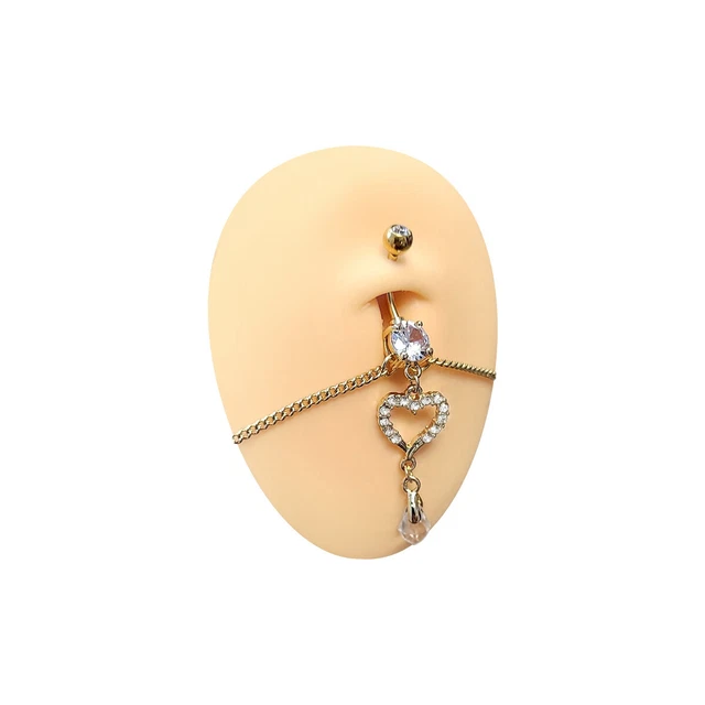 Belly Chain Navel Ring Gold Plated Waist with Heart CZ Jewels Dangle Charm 14G 3