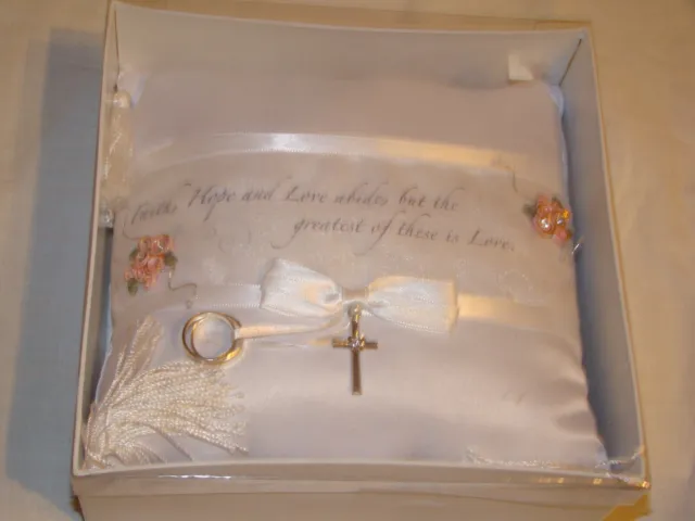 Wedding Ring Bearer Pillow Lillian Rose White Satin Tassel Faith Love Hope NOS