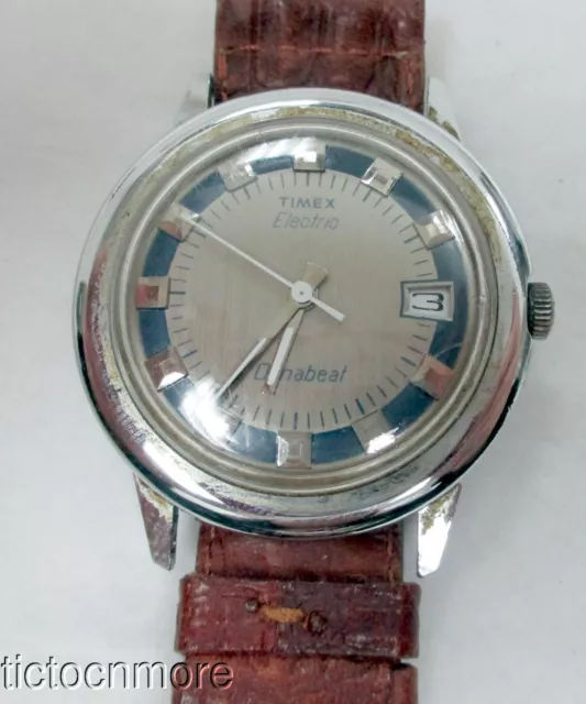 Vintage Timex Electric Dynabeat Wrist Watch Mens Blue Gray Roulette Dial Date