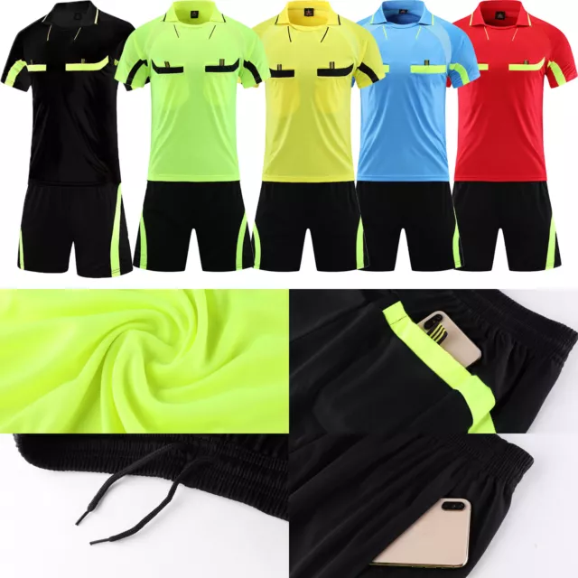 Mens Soccer Referee Outfit Tracksuit Short Sleeve T-Shirt +Elastic Waist Shorts