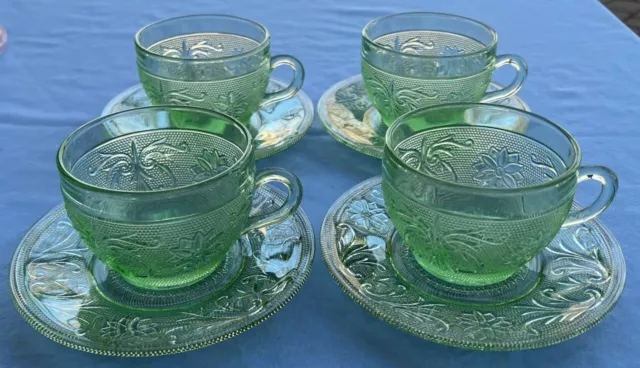 FOUR Vintage Tiara Indiana Chantilly Glass Green Sandwich Cup and Saucer Sets