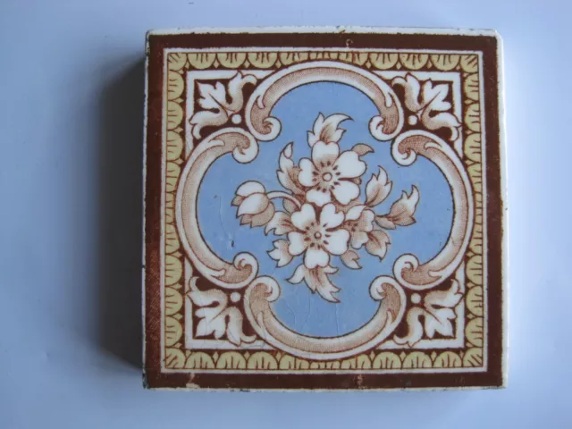 Antique Victorian Mintons 3" Sq. Floral Transfer Print Glazed Tile