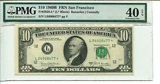 FR 2020-L* STAR 1969B $10 Federal Reserve Note 40 EPQ EXTREMELY FINE