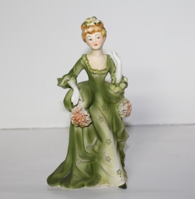 Vintage LEFTON GIRL WOMAN IN GREEN DRESS Figurine KW4494 8" tall Japan