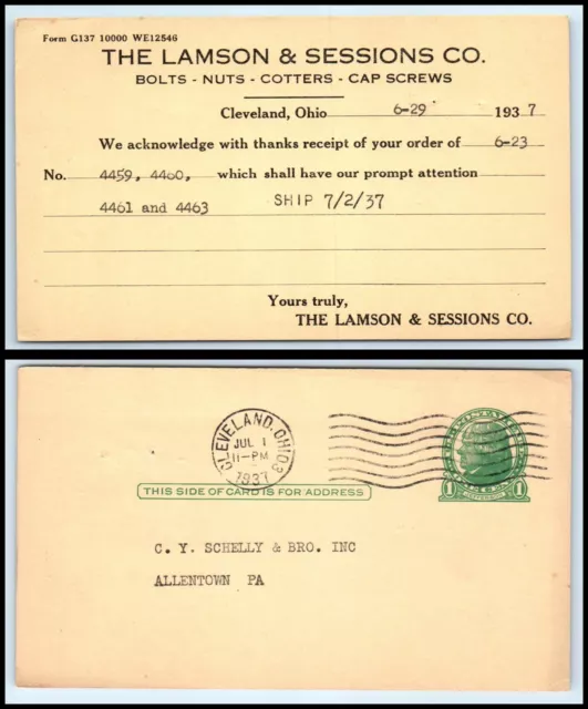 1937 US Postal Card - Lamson & Sessions Co, Cleveland, Ohio to Allentown PA O19
