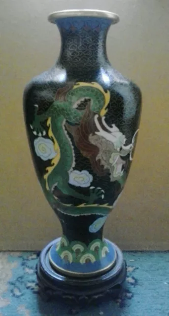 Cloisonne Vase - 5 Clawed Dragon. H10.25"-W5" Asian. With Base Stand.