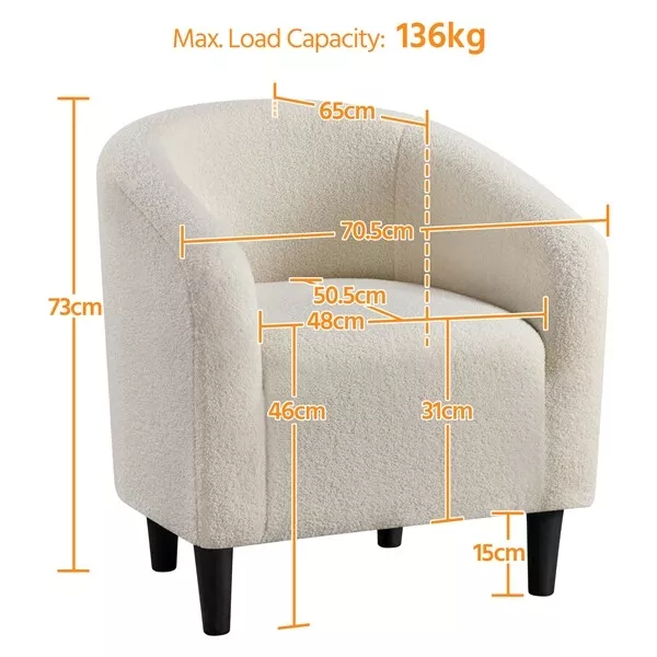 Tub Chair Armchair Boucle Club Chair for Living Room Dining Room Reception Ivory 3