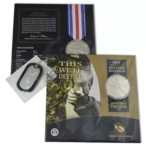 2012 W Infantry Soldier Proof Silver Dollar Defenders Of Freedom Set w/ Dog tags