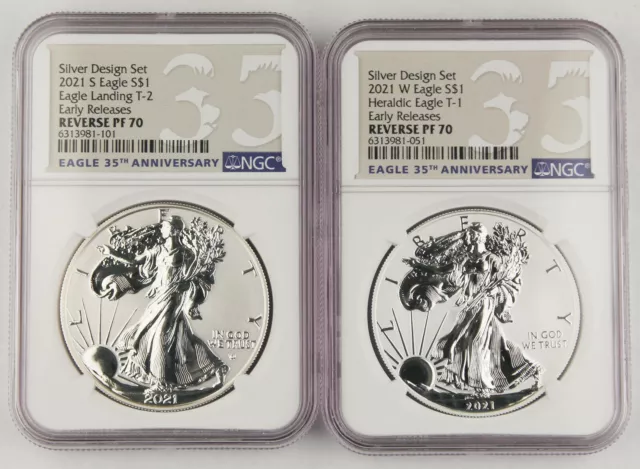2021 $1 Reverse Proof Silver Eagle 2 Coin Designer Set NGC PF70 ER 35th Anniv.
