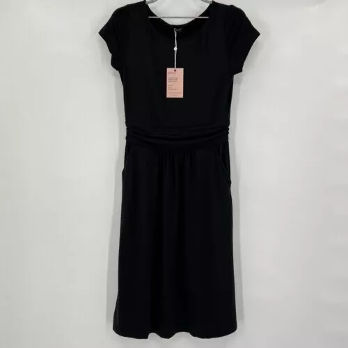 Quince Womens Black Tencel Jersey Ruched Waist Dress sz M NWT Short Sleeve Midi