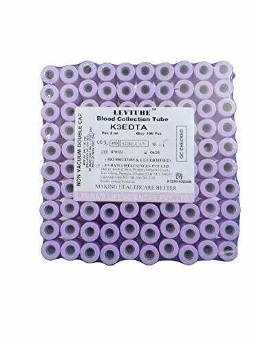 "Blood Collection Tube, K3 EDTA 2ML, NON-VACUUM DOUBLE CAP (Pack of 100 Pieces)"