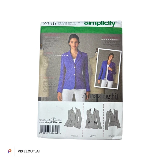 2446 Chaqueta Blazer Forrada Pequeña 2446 Simplicity Misses Patrón de Costura Talla 16-24 Sin Cortar