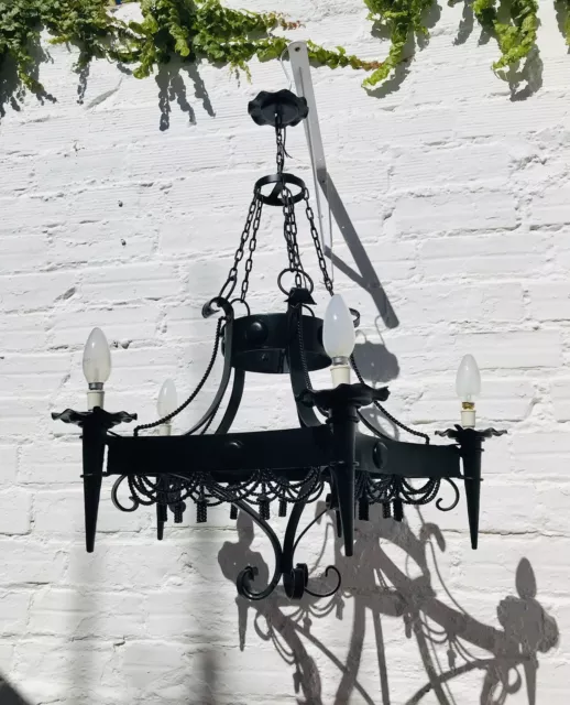 30 x 25" Large Antique Wrought Iron Chandelier, Black, Gothic, Spanish, Medieval