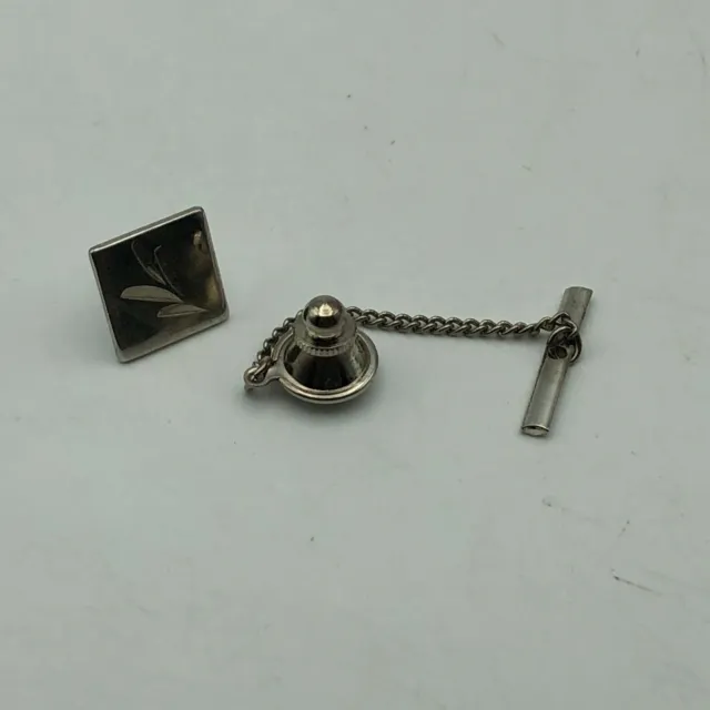 Vintage Silver Tone Wheat Design Small Tie Tac Lapel Pin w/Chain Classy F7