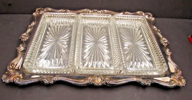 Oneida Silversmiths Oblong Tidbit Dish Set Silver Plated Tray with 3 Glass Trays