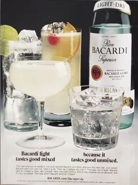 1980 Bacardi Light Rum Enjoy With Ice Vintage Print Ad