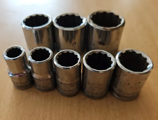 Vintage Kamasa Whitworth Socket Set 3/16ww To 5/8ww 8 Piece 1/2" Drive 12 Point