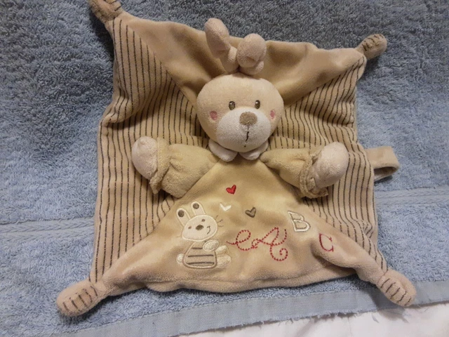 Doudou plat lapin rayé beige ABC attache tétine NICOTOY - Lapin Plat, Semi plat