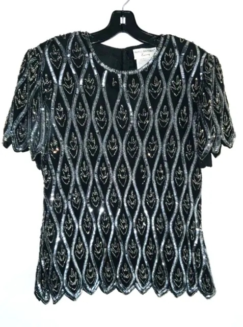 Papell Boutique Vintage Evening Blouse Top Embellished Beads Sequin Silk Black L