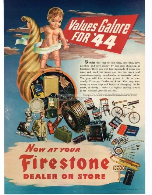 1944 Firestone Store Cornucopia New Year Baby Horn Of Plenty art Vintage Ad