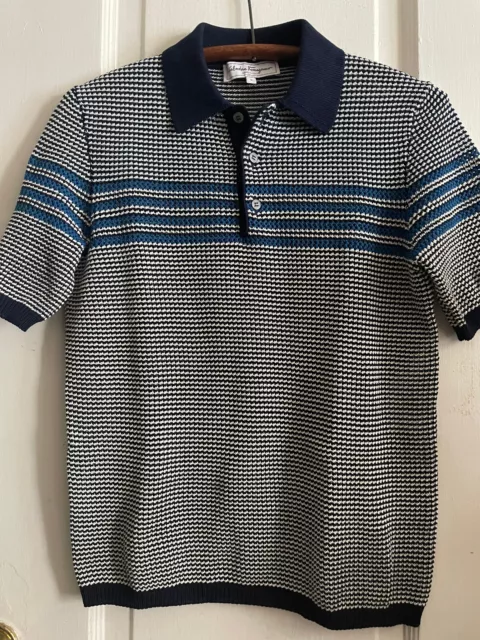 Salvatore Ferragamo Heavy Knit Polo Shirt Black and White Aqua Blue Stripes