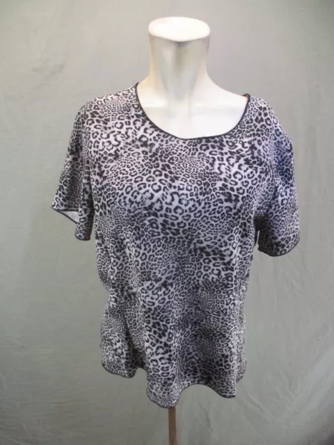 VINCE CAMUTO Size L Womens Animal Round Neck 1/2 Back Zip Short Sleeve Top 957