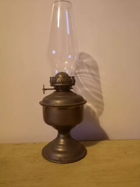 Small Vintage Brass Oil Lamp With Glass Chimney 10 inches Tall